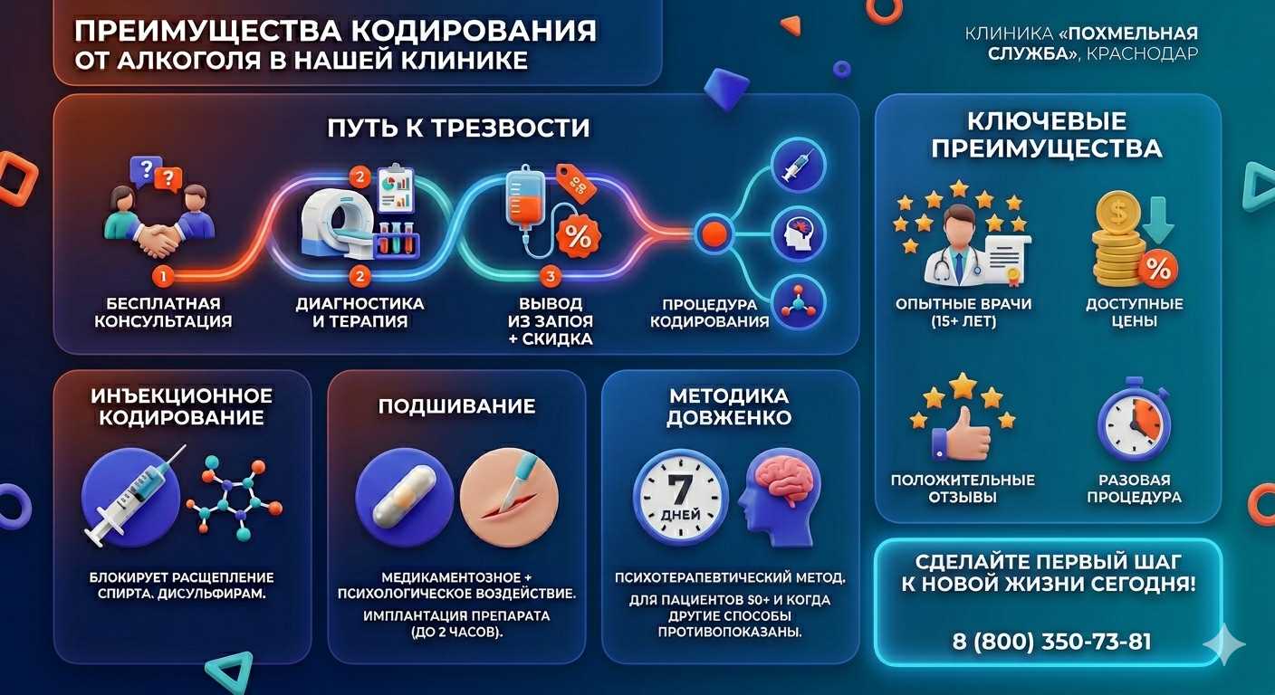 Инфографика о методах кодирования от алкоголя в Нягани: инъекции, подшивание, метод Довженко. Преимущества клиники и этапы лечения.