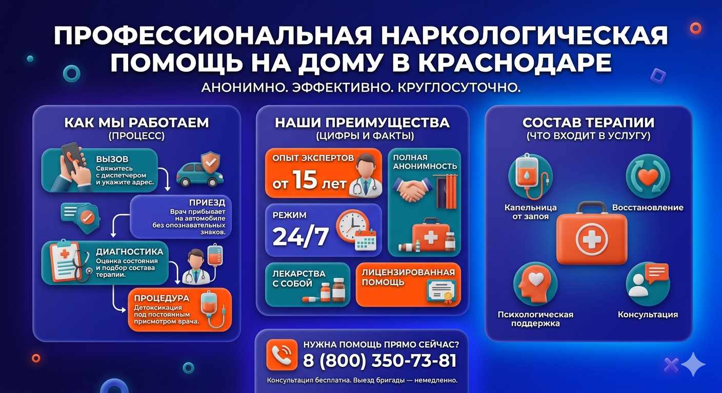 Инфографика о принципах лечения алкоголизма на дому в Нягани: этапы вызова нарколога, преимущества анонимной детоксикации и состав медицинской помощи.